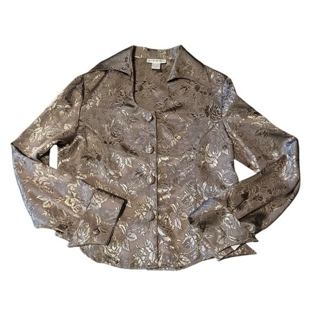 NWT SUSAN HUTTON Polyester Tan Textured Fabr Shirt Sheen Blouse Top Size M